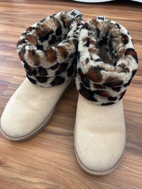 UGG Women's Tan Suede Boot with Leopard-Print Faux-Fur Cuff